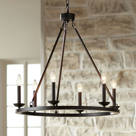 

Franklin Iron Works Bronze Wagon Wheel Chandelier 27 Wide Farmhouse Industrial Rustic 6-Light Fixture for Dining Room Living House Kitchen Island
