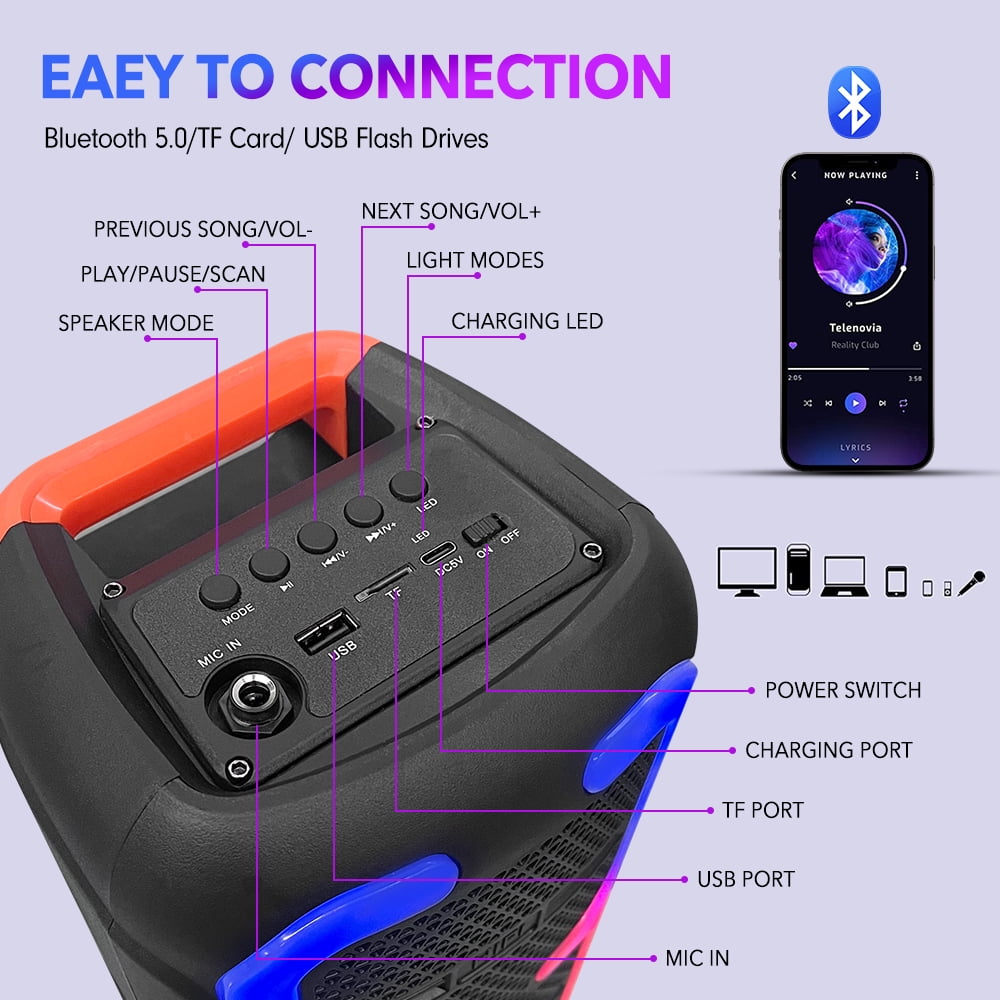 VTIN Portable Bluetooth Party Speaker, Handheld Dual 4‘’ Speakers Party Stereo Subwoofer RGB Lights Karaoke Heavy Bass for Karaoke Camping Party Singing