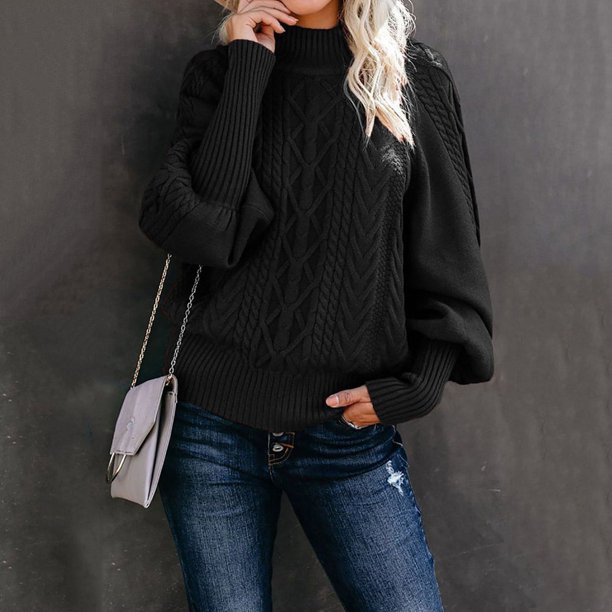 Suéter de cuello medio de invierno para mujer, suéter suelto de punto de manga larga de color sólido