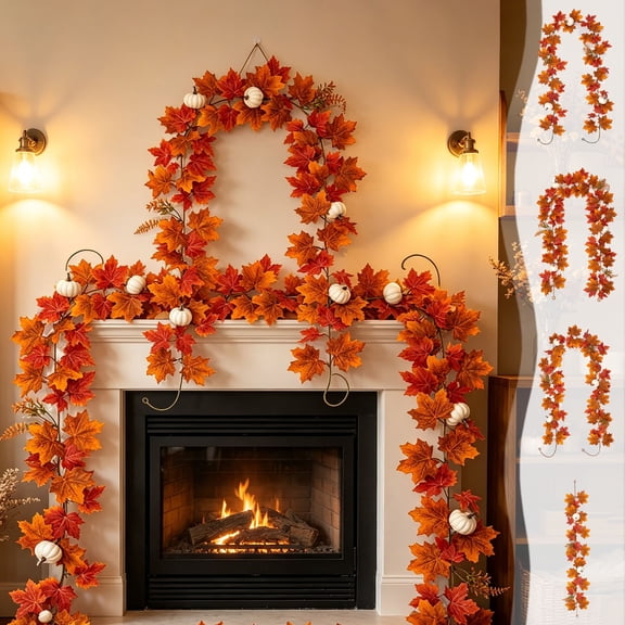 Halloween Sale Clearance!Fall Decorations for Home, Fall Artificial Maple Leaf Garland Thanksgiving With Pumpkins For Fireplace Mantel Door Decor