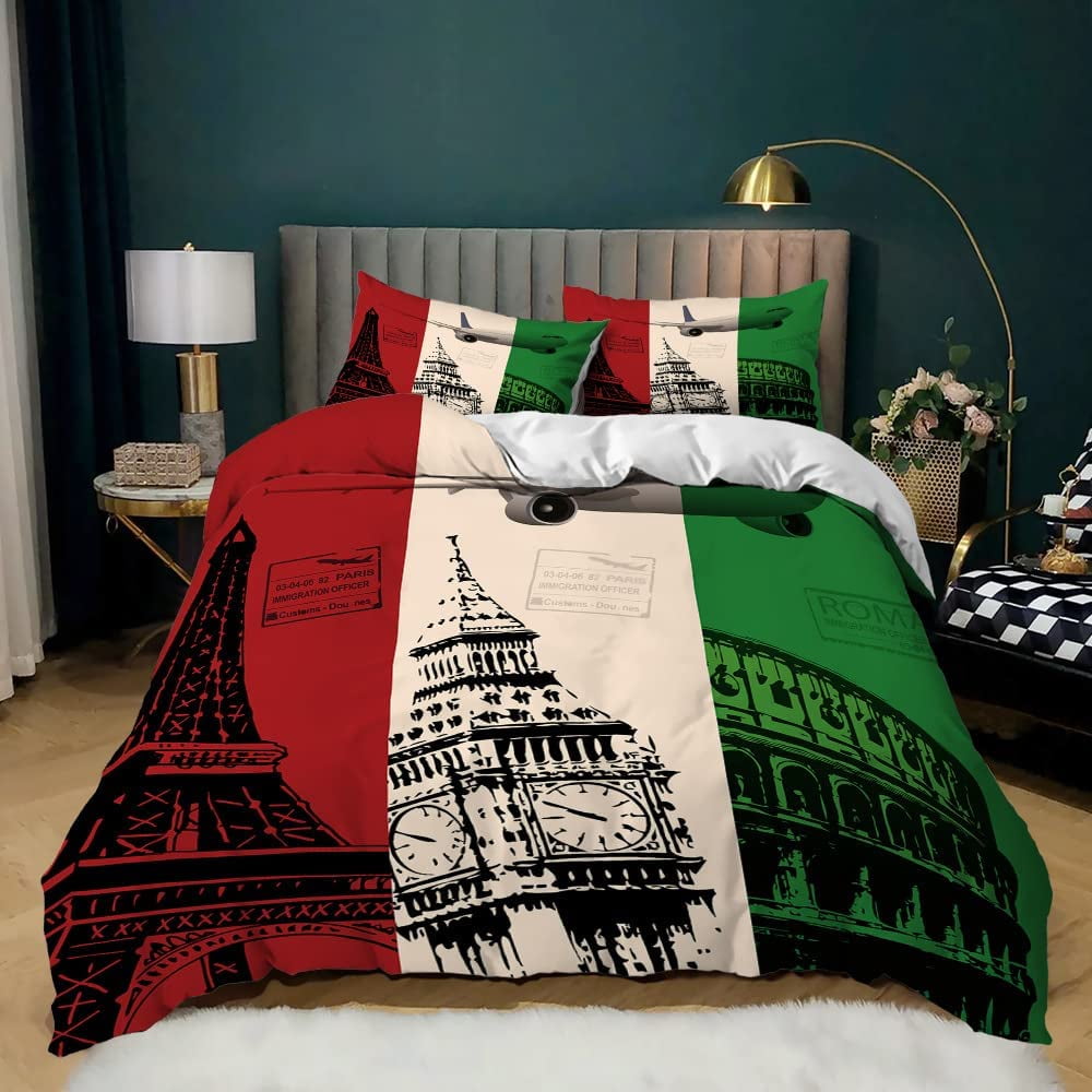 QIBAIDAN Famous Buildings Over The World Duvet Cover Set Eiffel Tower Gladiatorial Arena Quilt