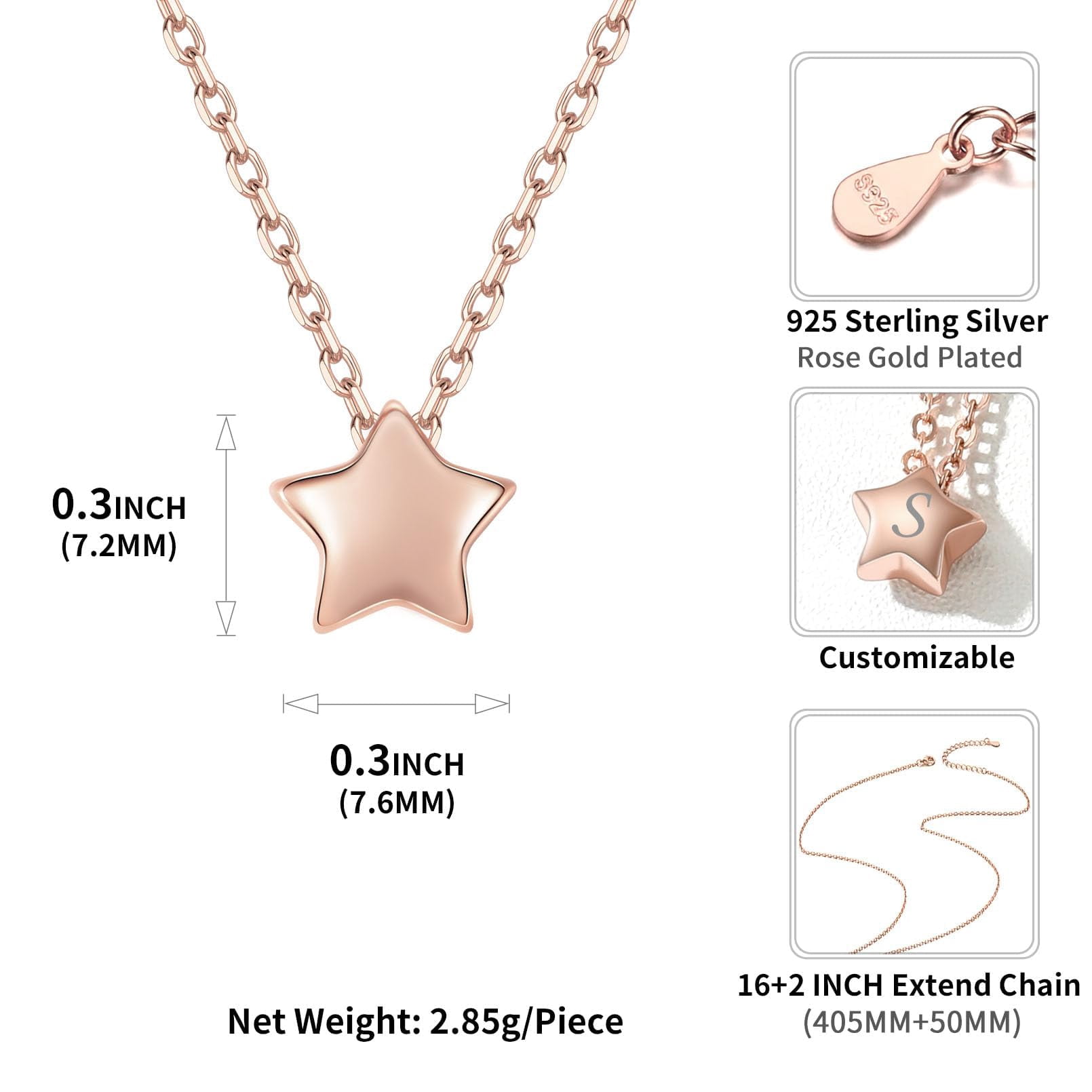 ChicSilver Rose Gold Plated Sterling Silver Dainty Star Pendant Necklace for Women Valentines Mothers Day Birthday Anniversary