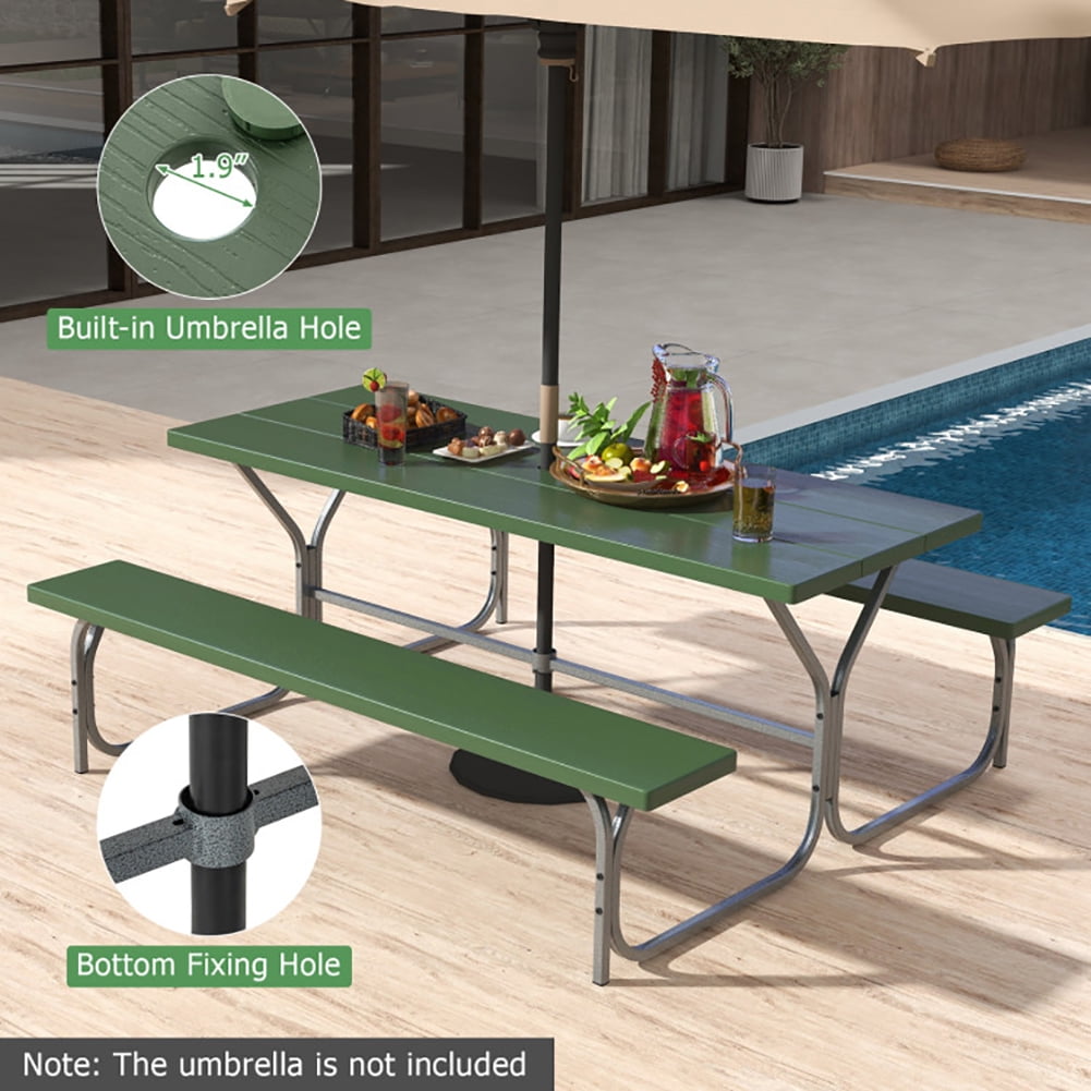 Aimee Lii 6 FT Picnic Table Bench Set Dining Table and 2 Benches with Metal Frame and HDPE Tabletop, Outdoor Patio Furniture, Green Aimee Lii 6 FT Picnic Table Bench Set Dining Table and 2 Benches with Metal Frame and HDPE Tabletop, Outdoor Patio Furniture, Green
