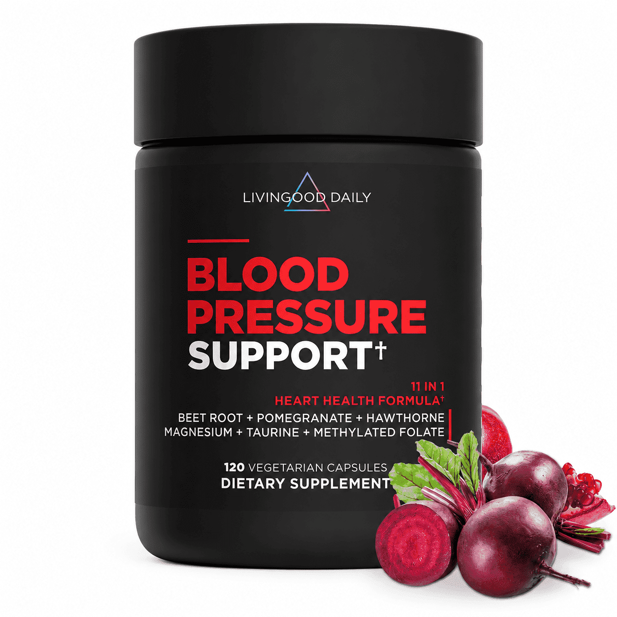 Livingood Daily Blood Pressure Support, Heart Health Supplement w/ Beet Root, Pomegranate, Hawthorn, Magnesium & Taurine, Vegan, 120 Capsules