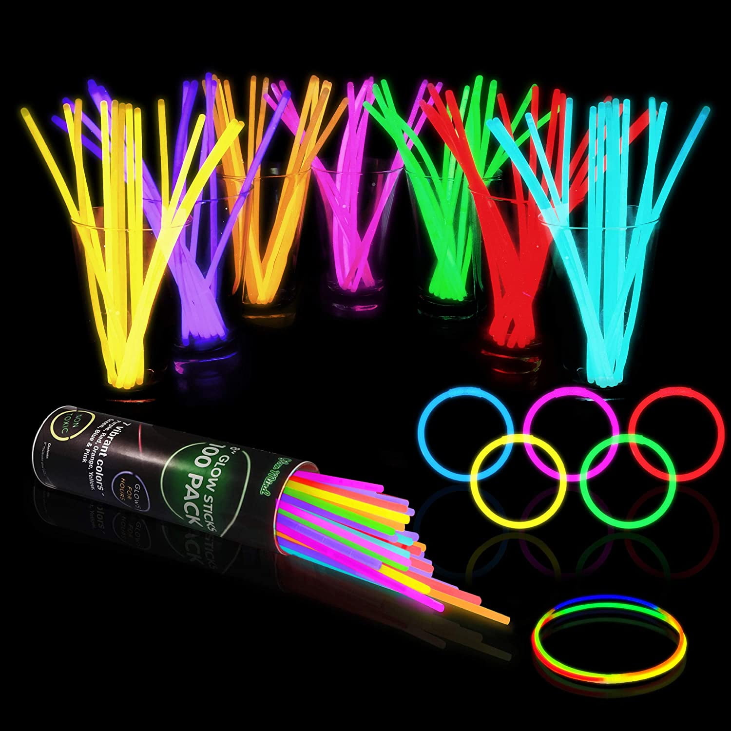 100 Premium Glow Sticks Party Pack 8 inch with Connectors to make Neon Bracelets 