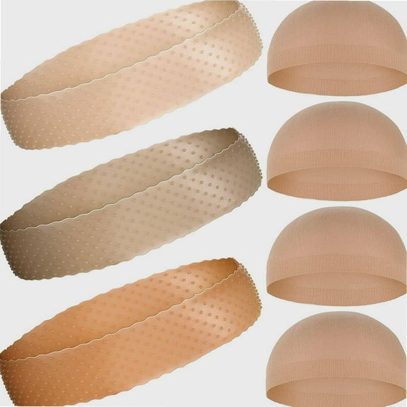 3 Pieces Silicone Wig Grip Headband 3 Pieces Nylon Wig Caps, Transparent Silicone Wig Grip Headbands for Women Unisex Non Slip Wig Bands Sports Yoga Lace Front Wig (Dark Brown, Brown, Orange)