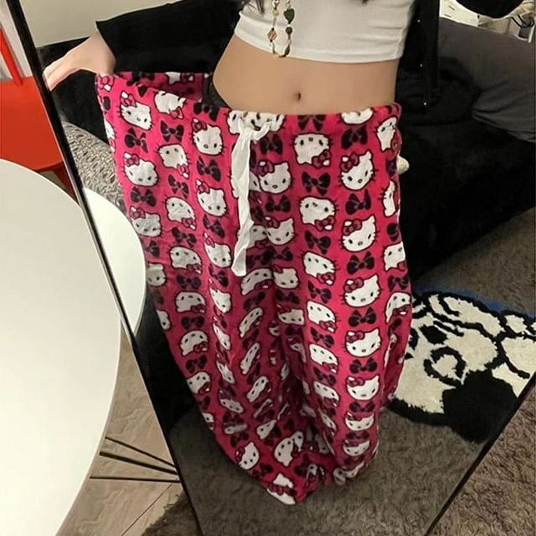 Sanrio Hello Kitty Pajamas Pants Black Pink Anime Flannel Women Warm Woolen  Whitecartoon Casual Home Pants Autumn Grils Trousers 