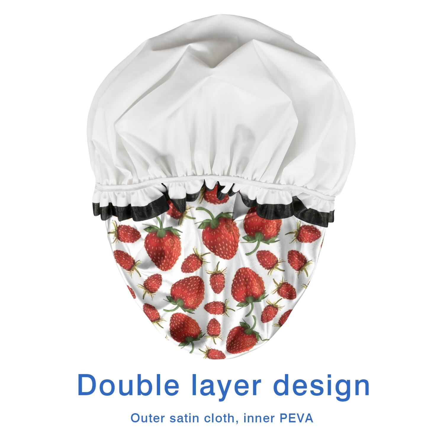 Shower Caps,Red Strawberry Plants Fruit White Pattern Waterproof Shower Cap for Women 4 Pieces,Double Reusable Hair Cover for Shower PEVA Elastic Stretch Hem