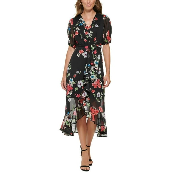 DKNY Women's Floral Print Ruffled Midi Dress Black Size 2