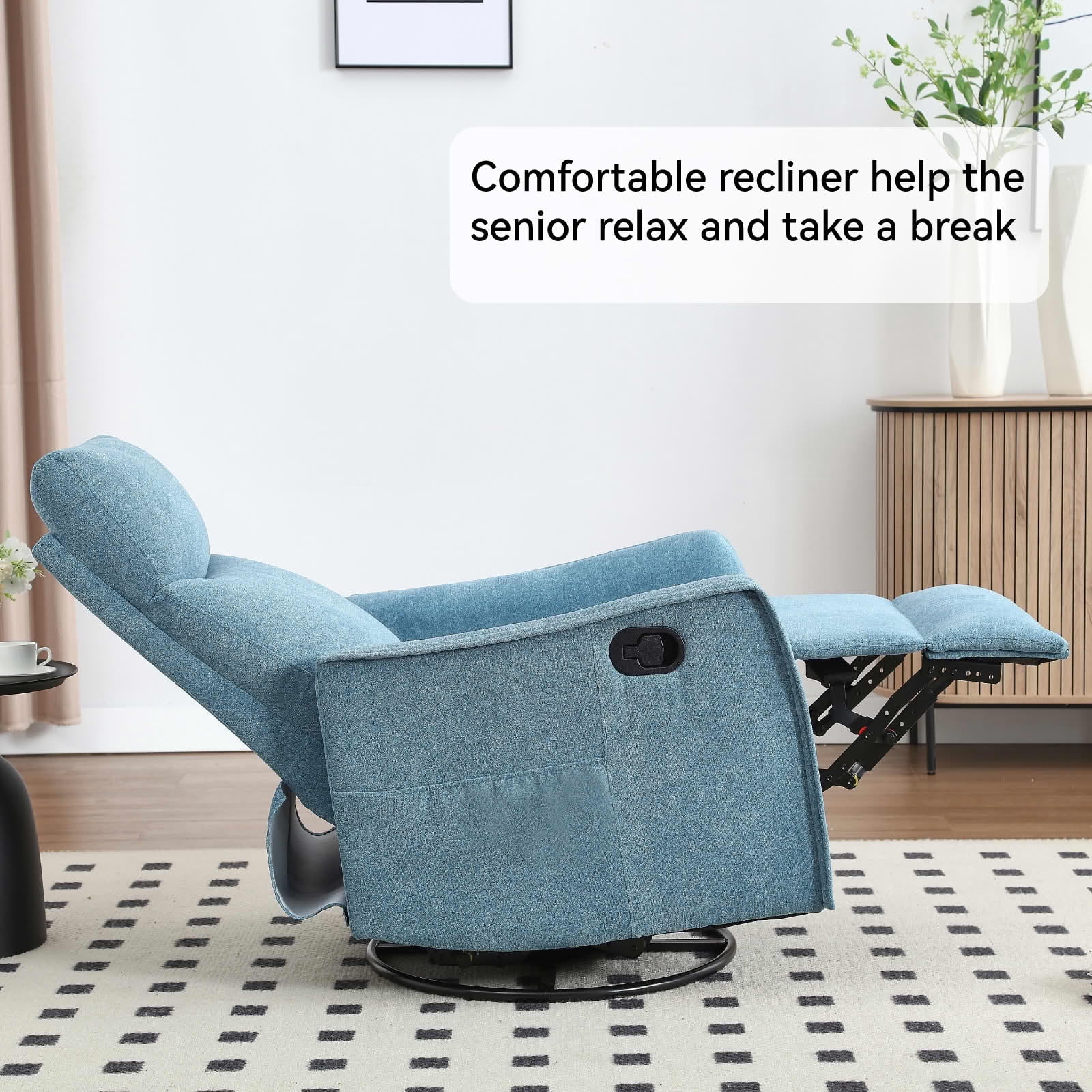 MAYEERTY Blue Heat Massage Recliner Chair, 360° Swivel Rocker 27"x36"x40" for Living Room