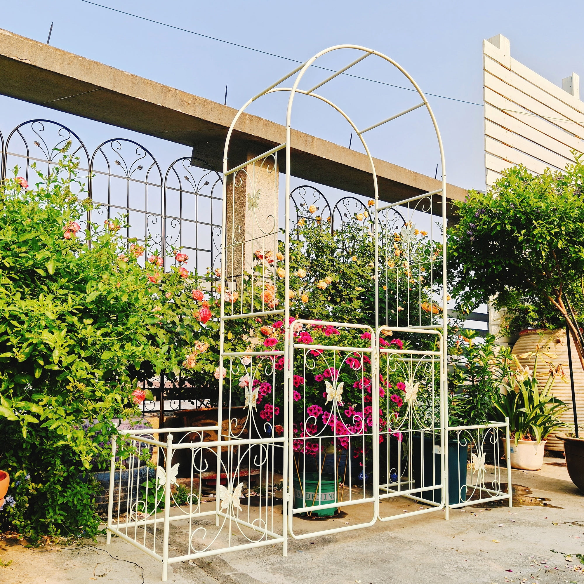 Garden Arch with Gate 79.5" Wide x 86.6" High Climbing Plants Support Rose Arch Outdoor Cream White