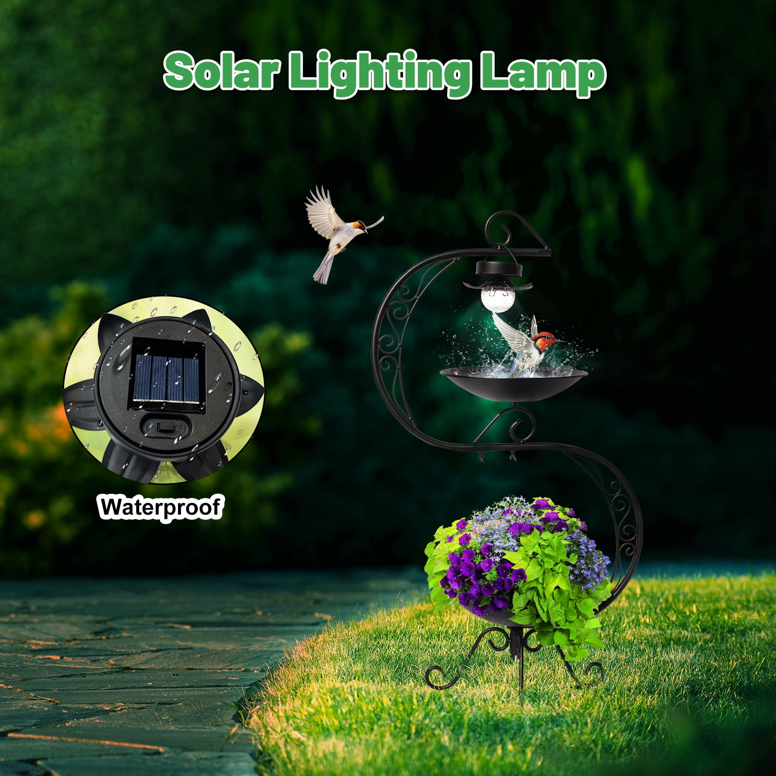 HONGLAND 36" Vintage Cast Iron Bird Bath with Solar Lights & Feeder, Weather-Resistant Outdoor Garden Decor for Hummingbirds
