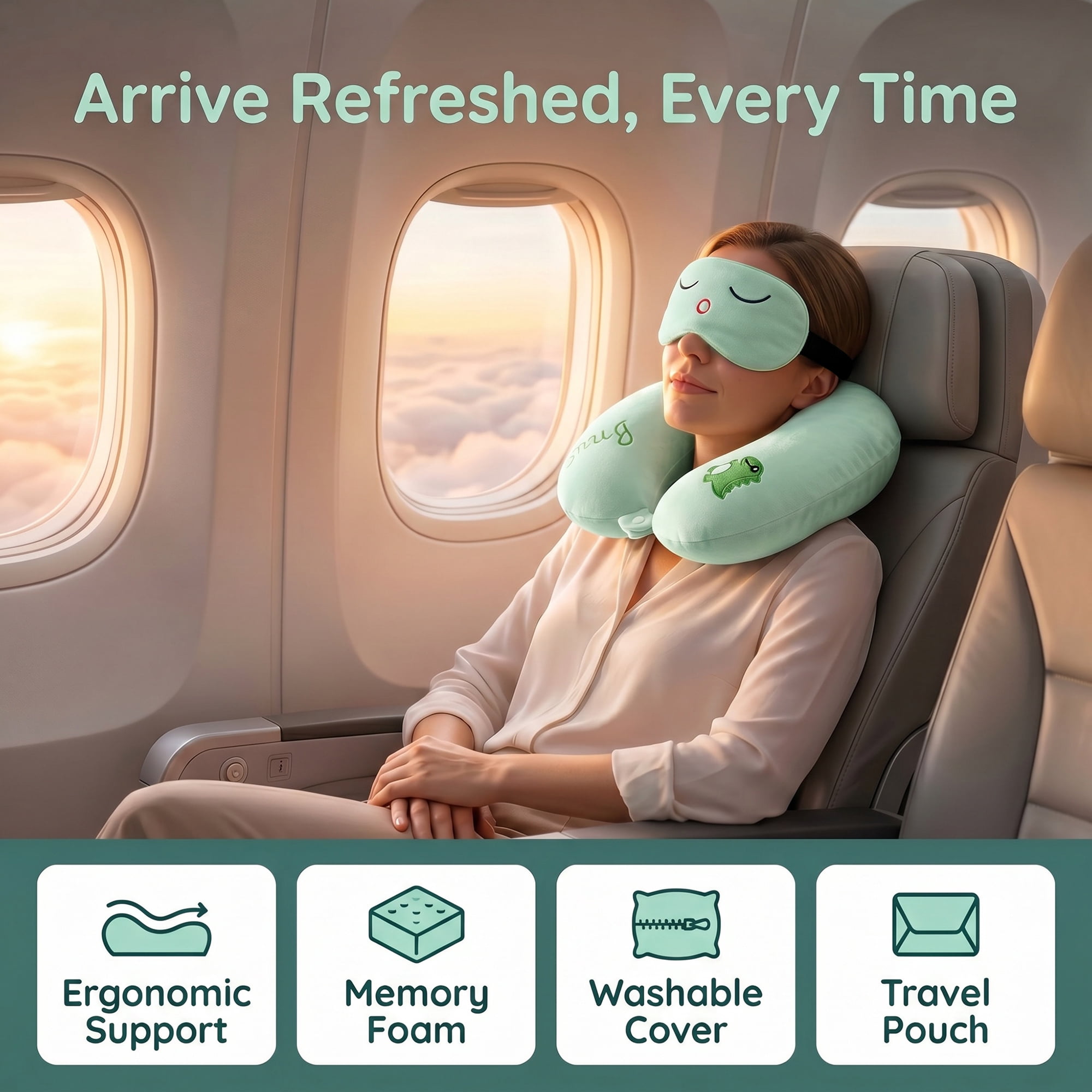 Unique Bargains Memory Foam Neck Pillow U Shape Neck Pillow with Eye Mask Cyan 12"x12"