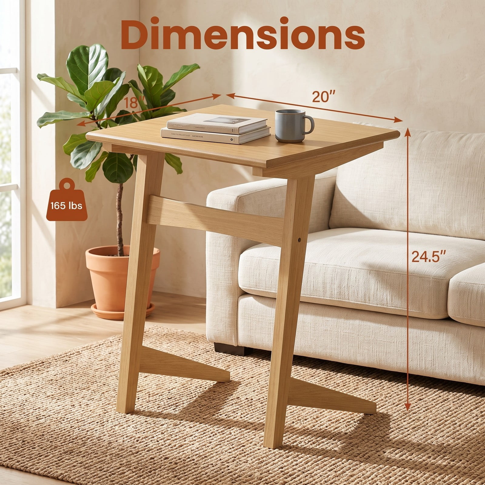 Furnibear Set of 2 C Shaped End Tables, Space-Saving Wood Sofa Side Tables with Veneered Top, Slide Under Couch Snack Laptop Tables with Sturdy Triangle Base, Natural