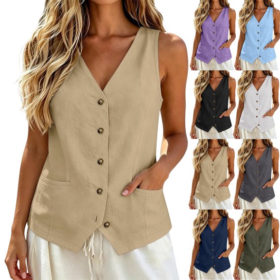 Vest Tops for Women Linen Button Down Gauze Shirts Sleeveless Casual Lightweight Summer Tops for Women Going Out Tank Vests Top Khaki XXL
