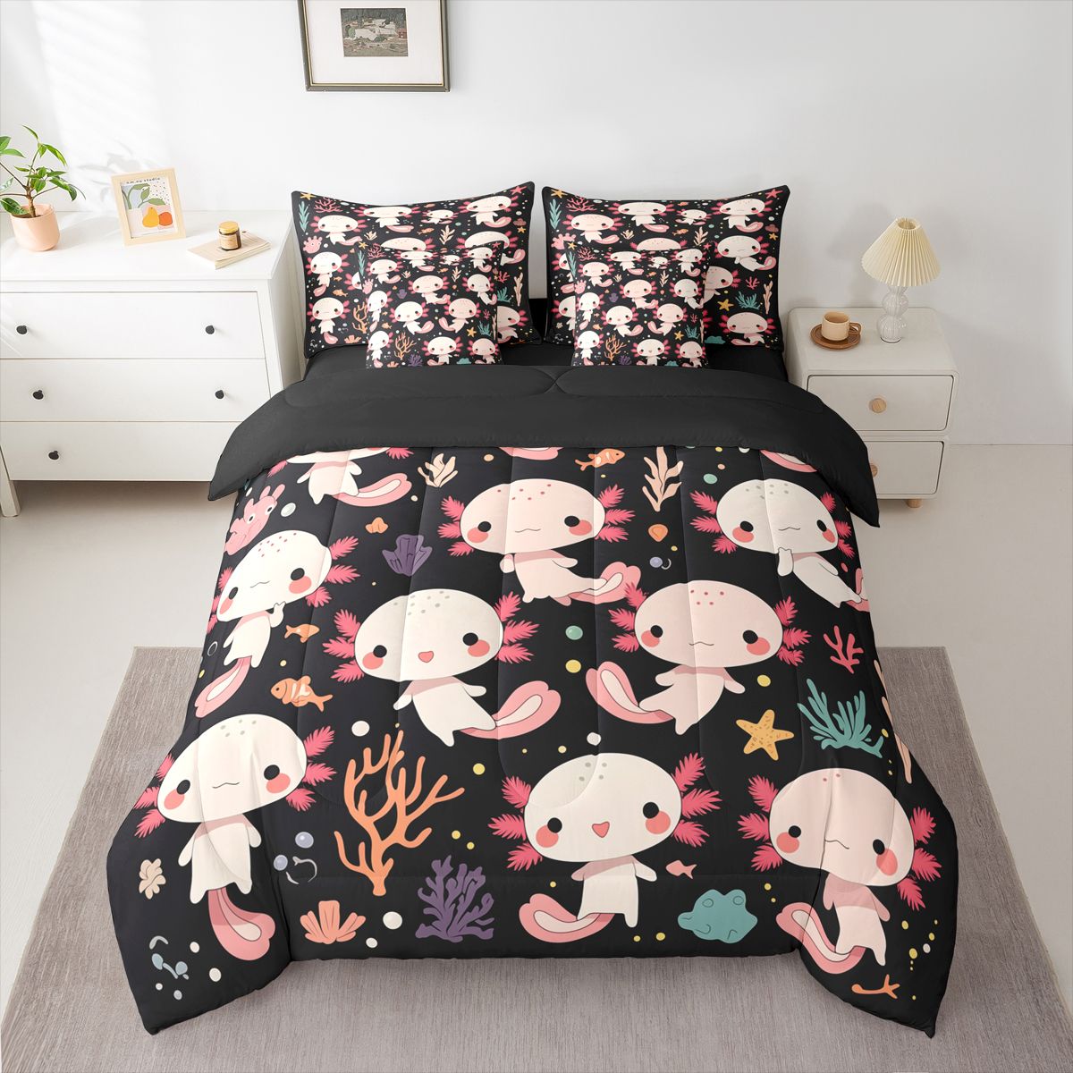 Homewish Kawaii Pink Axolotl 7 Pieces Bedding Comforter Set,Cartoon Ocean Animal Full Bedding Set,Watercolor Sealife Coral Fitted Sheet Flat Sheet For Teens,Super Cozy Room Decor Reversible