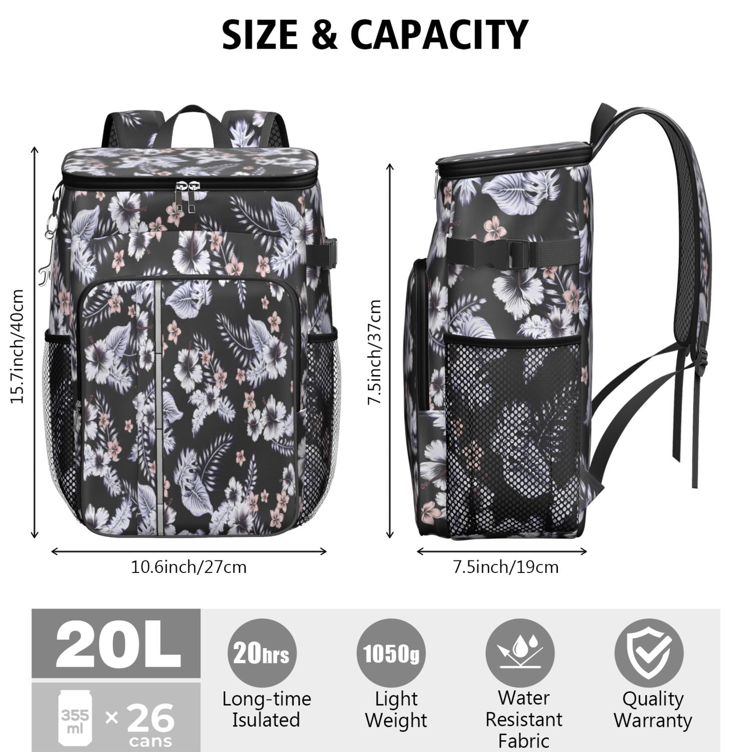 Travel Cooler Bag - Pioneer Flower Floral Print Pattern Camping Beer Cooler Backpack with Bottle Opener- Waterproof Insulated Picnic Backpacks - Cooler Bag for Beach