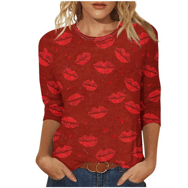 Camisetas Casuales de las Mujeres 3/4 Manga Cuello Redondo Impreso Blusa Imitación Estante Tela, Camiseta de Moda Superior para el Hogar Diario Y Desgaste Casual Todo el Año