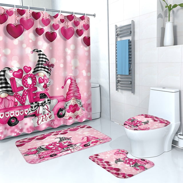 Ensembles de Rideaux de Douche pour la Saint-Valentin avec Tapis de Bain Ensemble de 4, Ensembles de Salle de Bain avec Rideau de Douche et Tapis et Accessoires, Rideau de Douche Saint-Valentin, Ensemble de Salle de Bain Saint-Valentin Rose Rouge