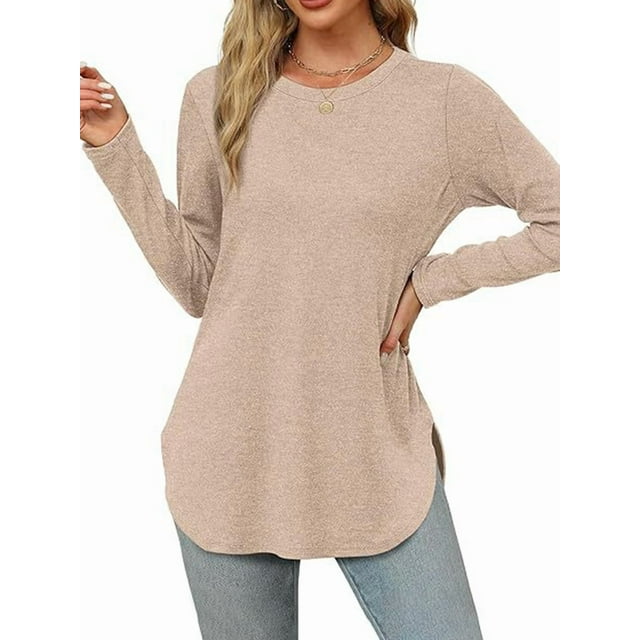 Camisa de Larga con Cuello Redondo para Mujer, Básica, Holgada, Informal Albaricoque XXL