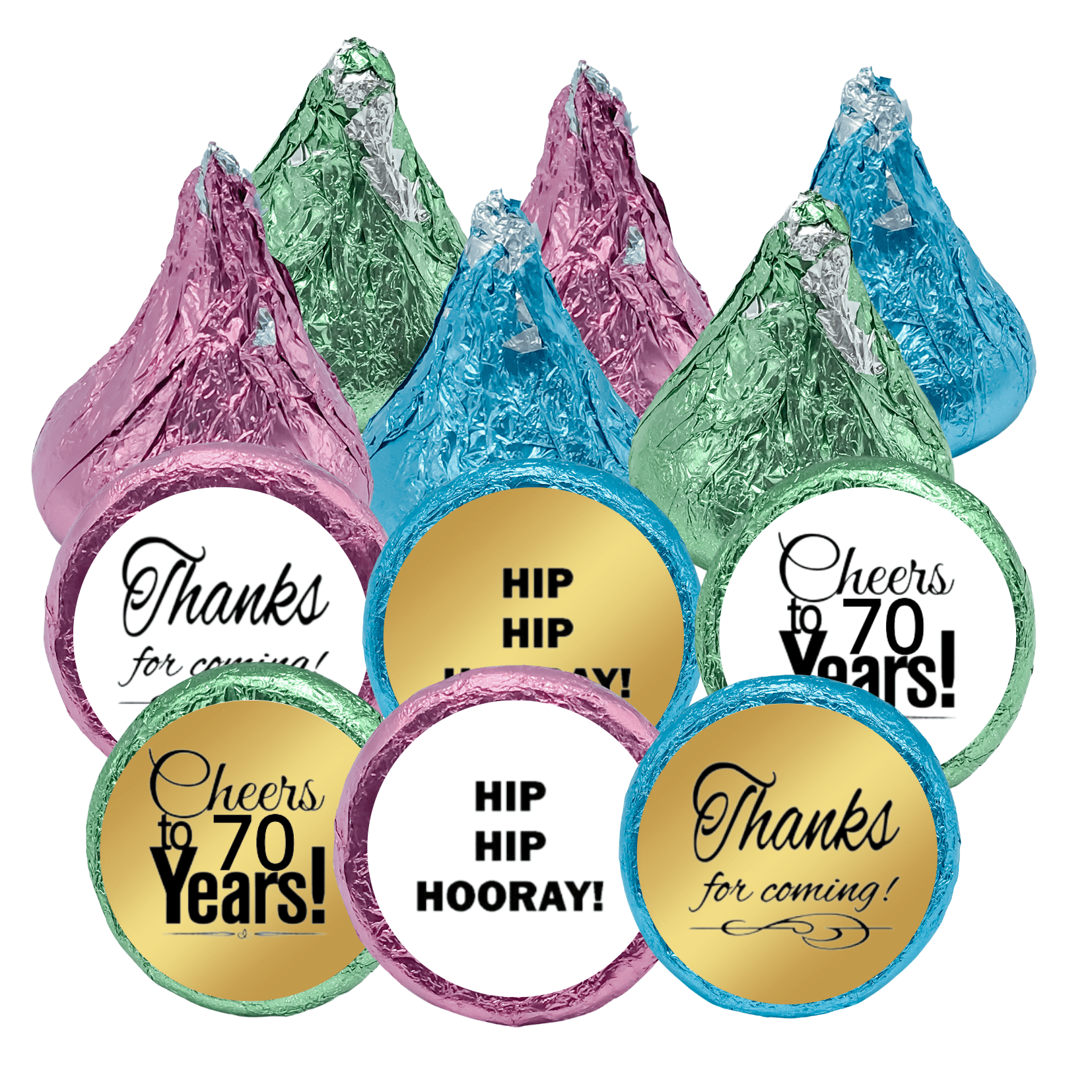 70th Birthday / Anniversary Cheers Hooray Thanks For Coming 216pk Stickers / Labels for Kisses Chocolate Drop Party Favors Decorations