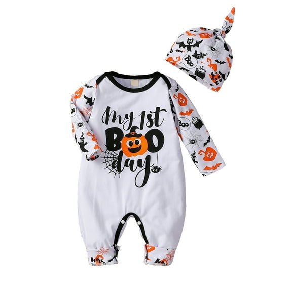 Ehfomius 2Pcs Newborn Baby Boy Girl My First Halloween Outfit Long Sleeve Pumpkin Print Romper Bodysuit Jumpsuit with Hat
