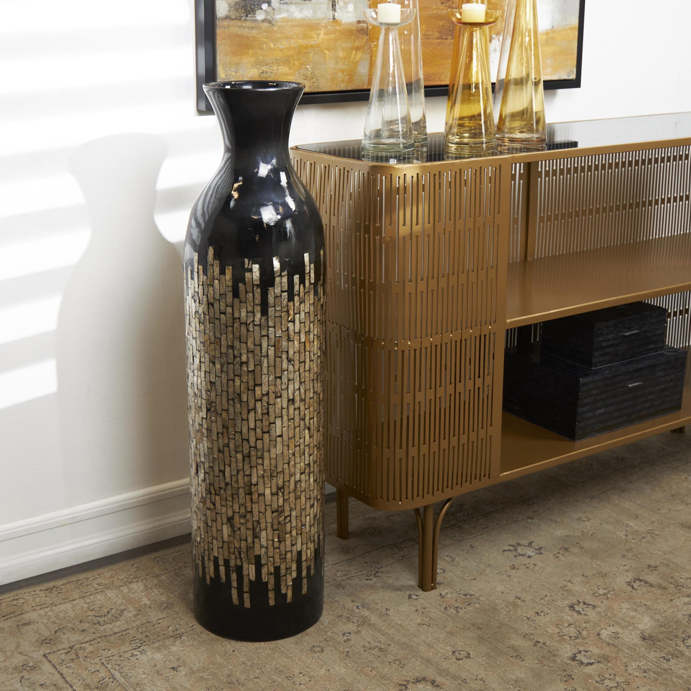 DecMode 34" Handmade Mosaic Shell Inlay Gold Mother of Pearl Shell Vase with Black Bamboo Base