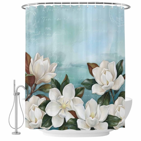 Spring Flowers Shower Curtain Set - Small 36" x 72" Washable Bathtub Curtain with 12 Hooks, White Magnolia Blossom Botanical Blue Green Waterproof Fabric Stall Shower Curtains for Bathroom Décor