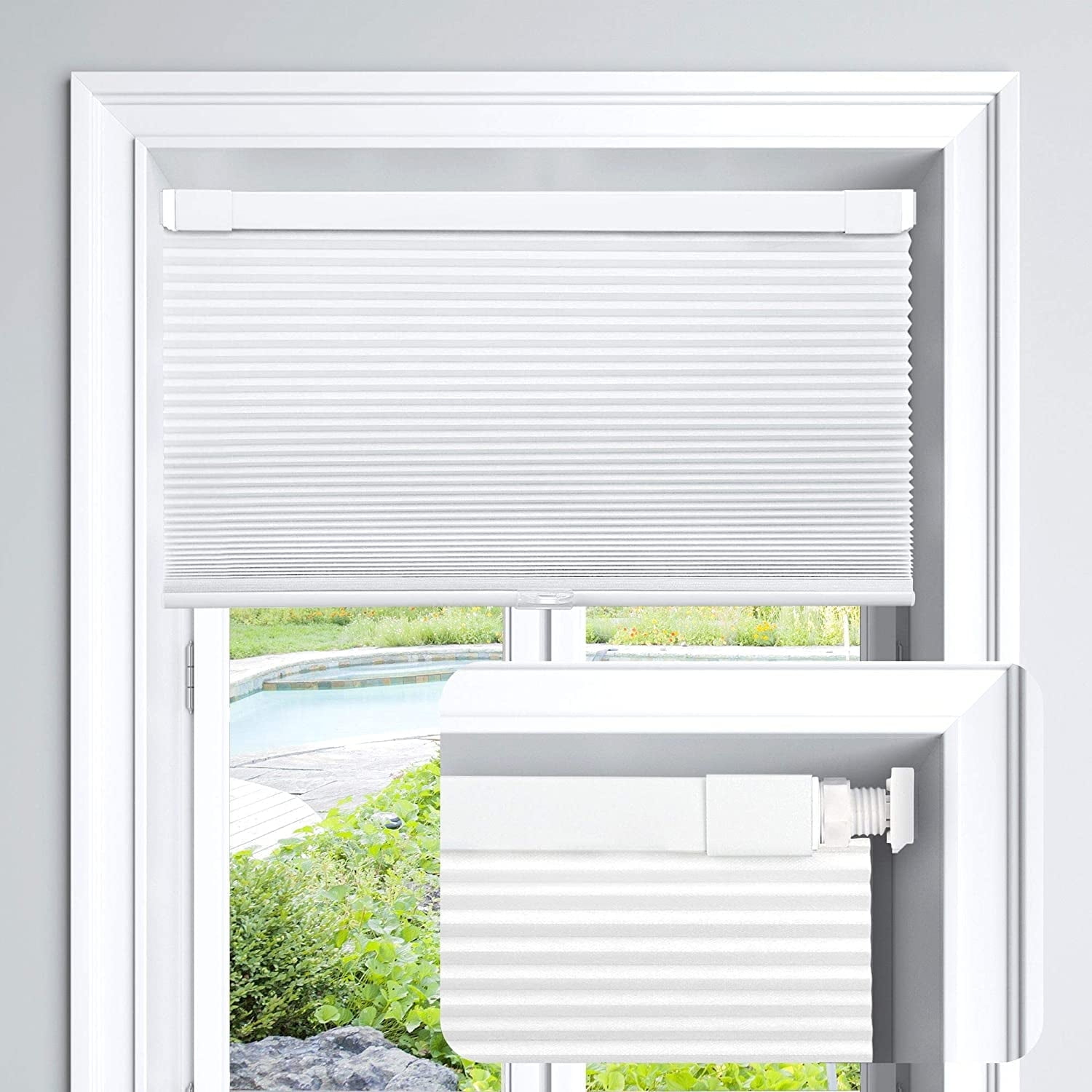 LazBlinds Cordless Cellular Shades, No Tools No Drill Light Filtering Honeycomb Shades Pleated Blinds for Windows, 25'' W x 64'' H, White