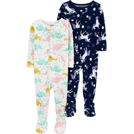 Child of Mine by Carter's Baby Toddler Girl Snug Fit Cotton Footed One Piece Pajamas, 2-Pack