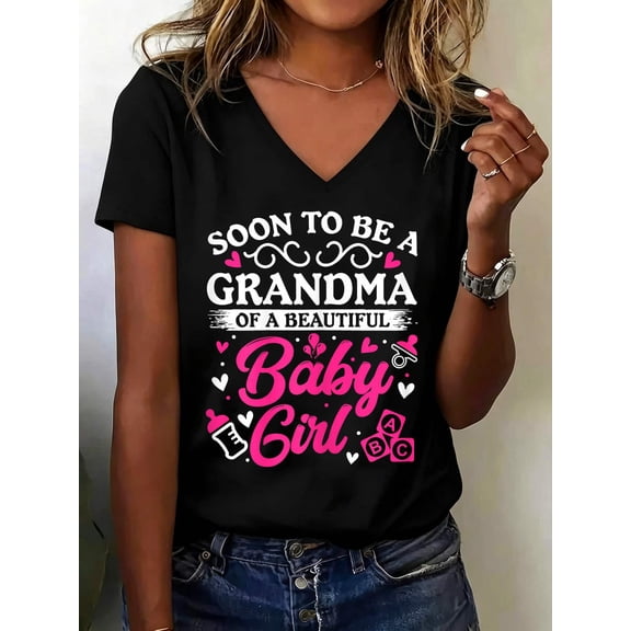 Soon to Be a Grandma of a Beautiful Baby Girl Baby Shower V Neck T-Shirt Cotton Women's V Neck Graphic Tee, Casual Short Sleeve Shirt,Vacation Outfit