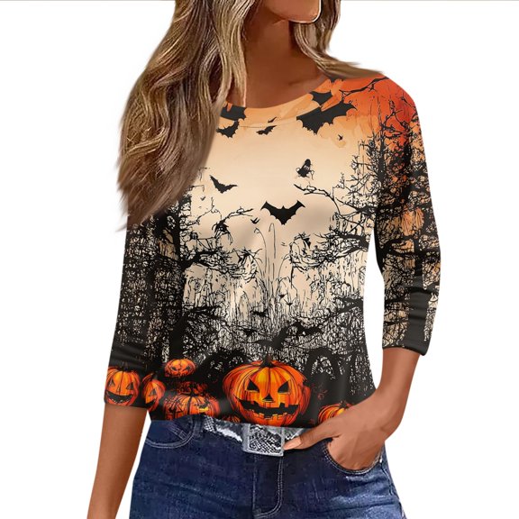 DORKASM Womens Halloween T-Shirt 3/4 Sleeve Crew Neck Pumpkin Skull Cute Clothes 2026 Witch Bat Casual Tops Spooky Spider Web T-Shirt Multicolor L