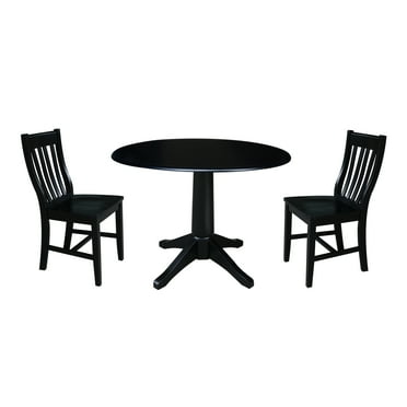 International Concepts 42" Round Solid Wood Dual Drop Leaf Pedestal Table with 2 Chairs, Black