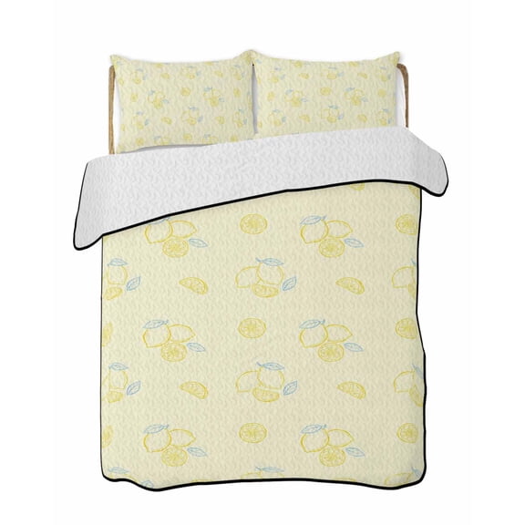 Quilt King Size Bedding Set, Yellow Lemon Reversible Summer Quilt 3 Pieces, Summer Farmhouse Fruits Leaves Lemon Lightweight Bedspreads Coverlets with 2 Pillow Shams for All Seasons