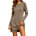thumbnail image 2 of Women's Round Neck Oblique Button Long Sleeve Tunic Mini Dress Relaxed Straight Fit Dresses for Women Brown S, 2 of 8