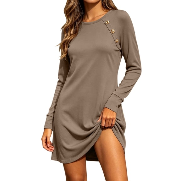 fheaev Fall Tshirt Dress for Women Long-Sleeve Casual Tunic Crew-Neck with Button Detail Winter Trendy Outfits Brown,M