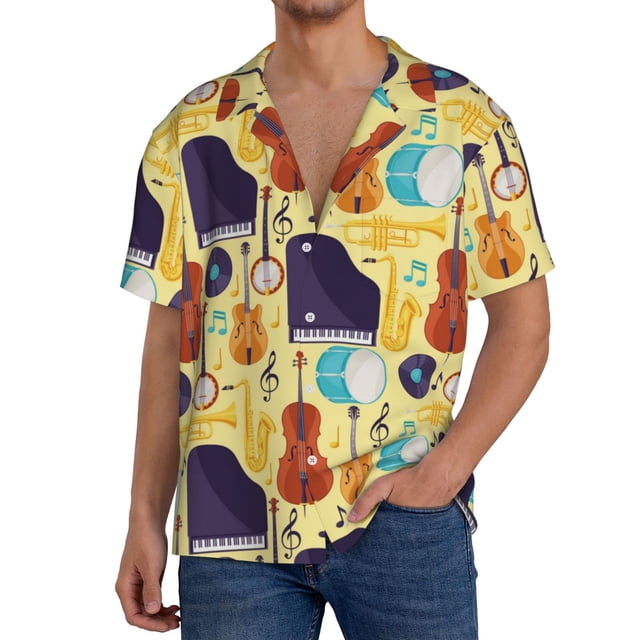 Fotbe Musical Instruments Camisa Estampada de Manga Corta para Hombre, Casual de Verano, Estilo Playero, Sin Arrugas-XX-Large