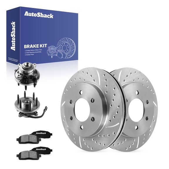 AutoShack Front Vented Drilled & Slotted Silver Zinc Coated Brake Rotors   Ceramic Pads   Hub Bearing Assembly 8-PC Brake Kit Replacement for 2005-2008 Ford F-150 SilverShield Pro 12.99" (330 mm)