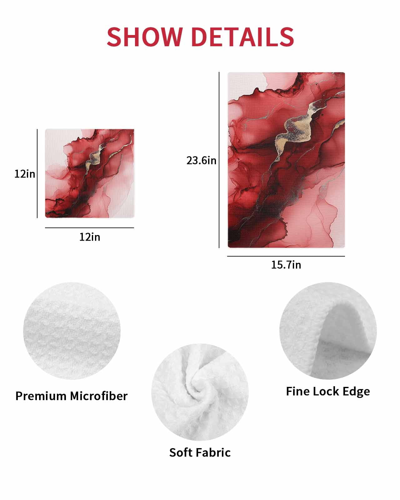 Red Marble Kitchen Dish Towels for Drying Dishes Set of 2, Modern Ombre Abstract Ink Painting Art Waffle Weave Microfiber Hand Tea Bathroom Towels Quick Dry & Absorbent Towel 15.7x23.6