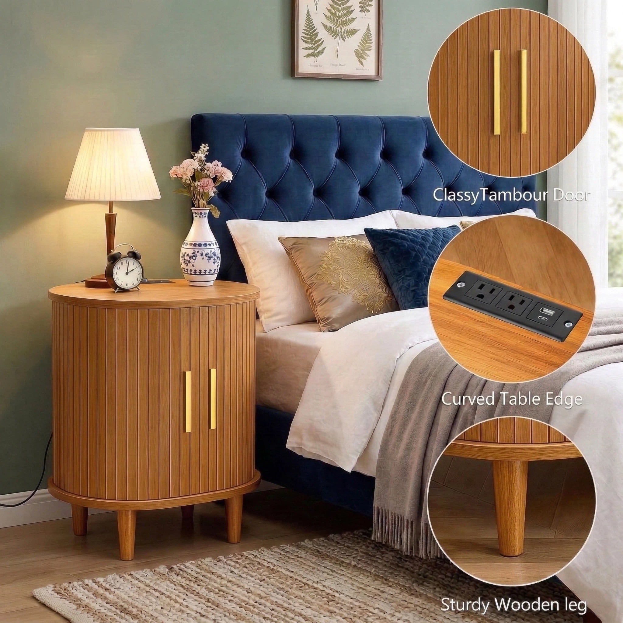 Aisword Nightstand with Charging Station, Fluted Accent Side Table with Sliding Door and Adjustable Shelf, End Table for Small Space, Yellow
