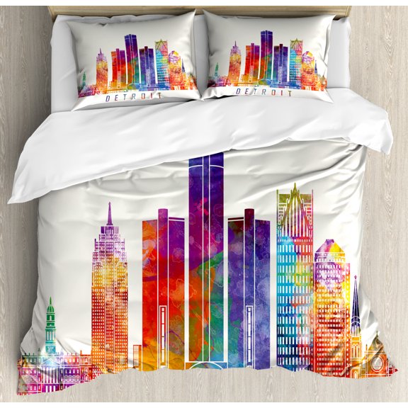 Detroit Duvet Cover Set Queen Size, Vibrant Colored Abstract Skyscrapers Modern Architecture Watercolor Style Landmarks, Decorative 3 Piece Bedding Set with 2 Pillow Shams, Multicolor, by Ambesonne