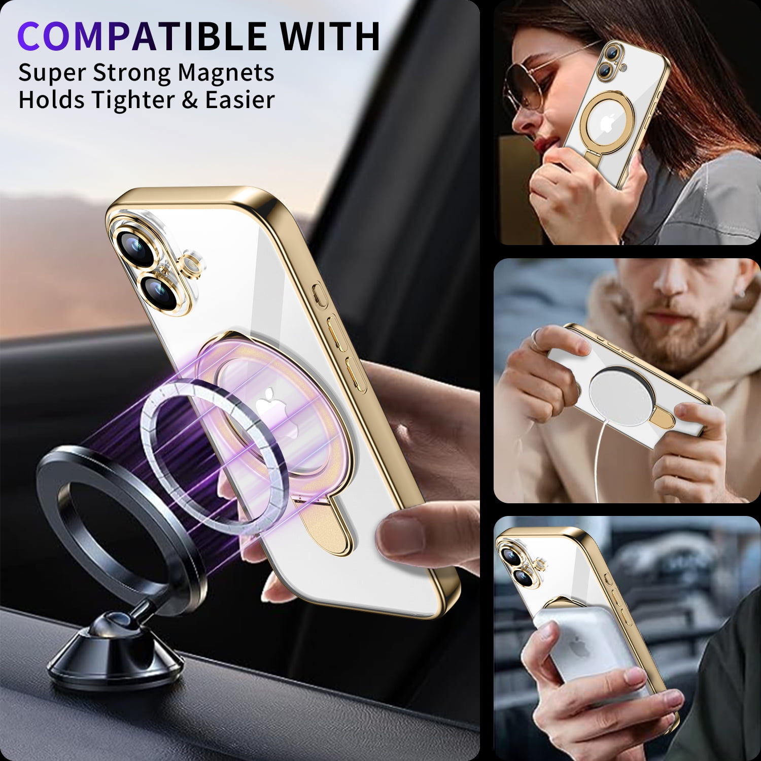 JETeacka Magnetic for iPhone 16 Case with Invisible Kickstand, MagSafe Compatible, Camera Protection, Shockproof Not Yellowing Slim Soft Cover, Gold