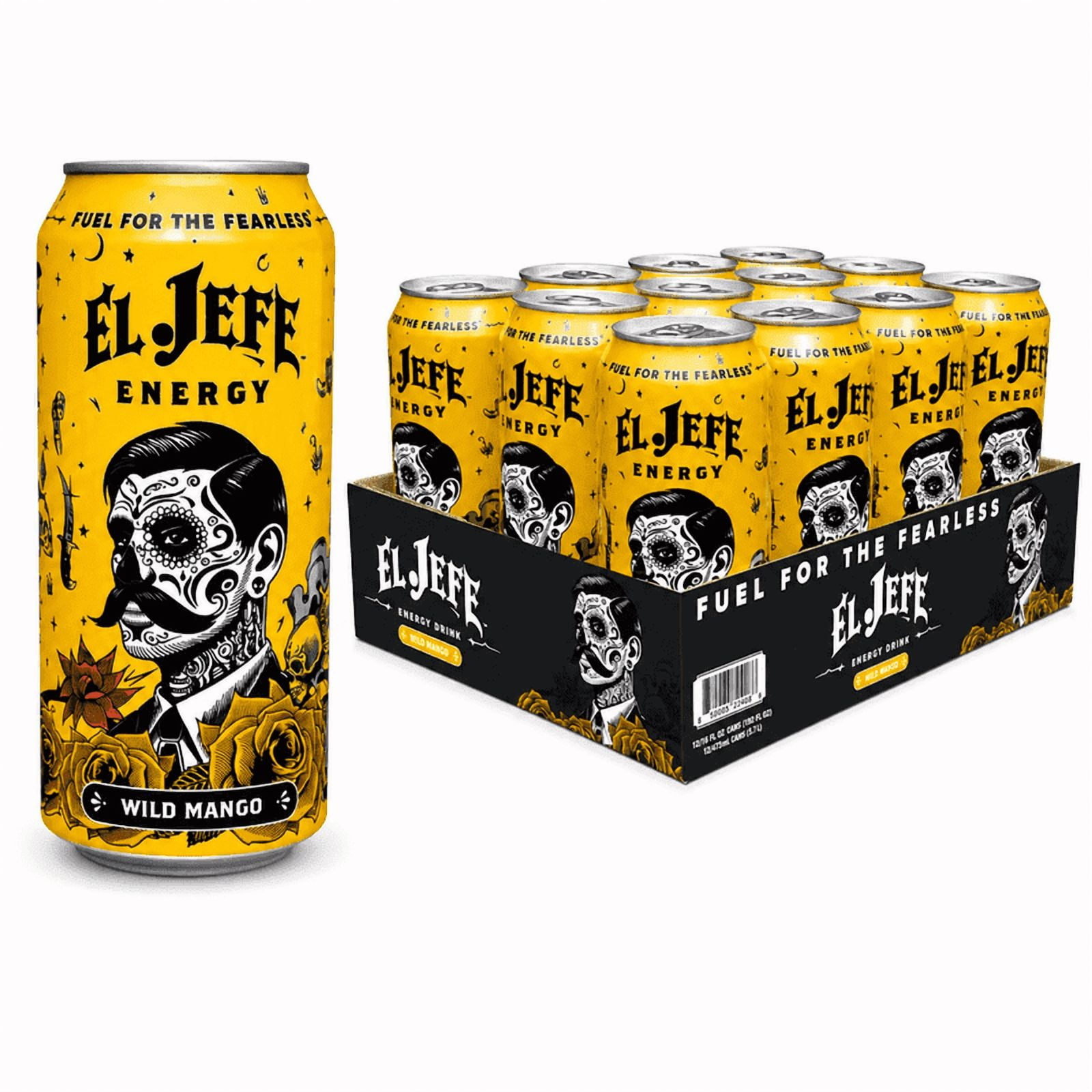 El Jefe Energy Drink, Wild Mango Flavor, Zero Sugar, 16 fl oz Cans, Pack of 12