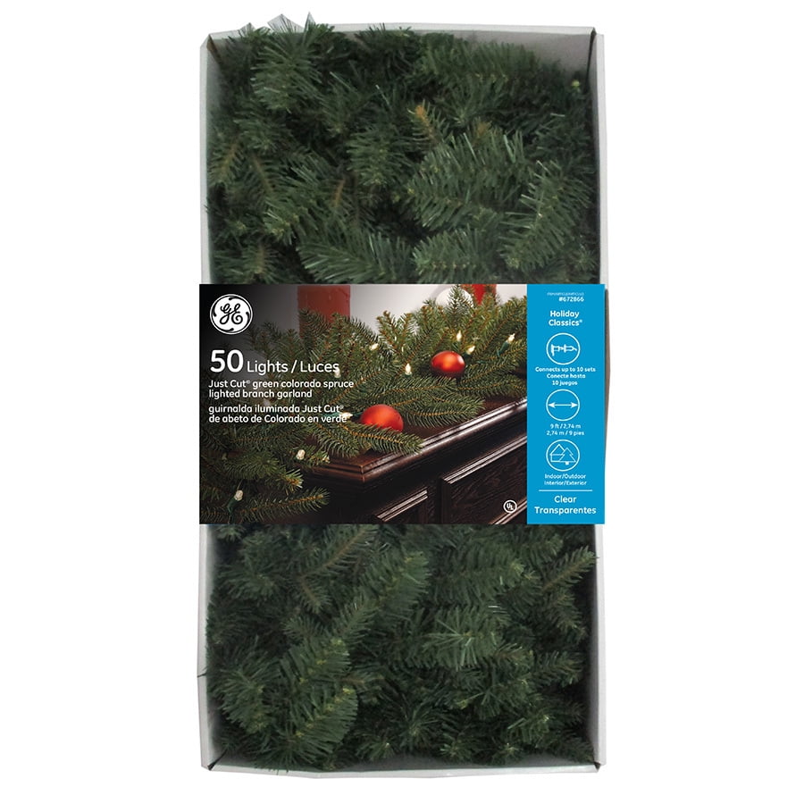 GE Indoor/Outdoor Prelit 9ft Spruce Garland with White Incandescent