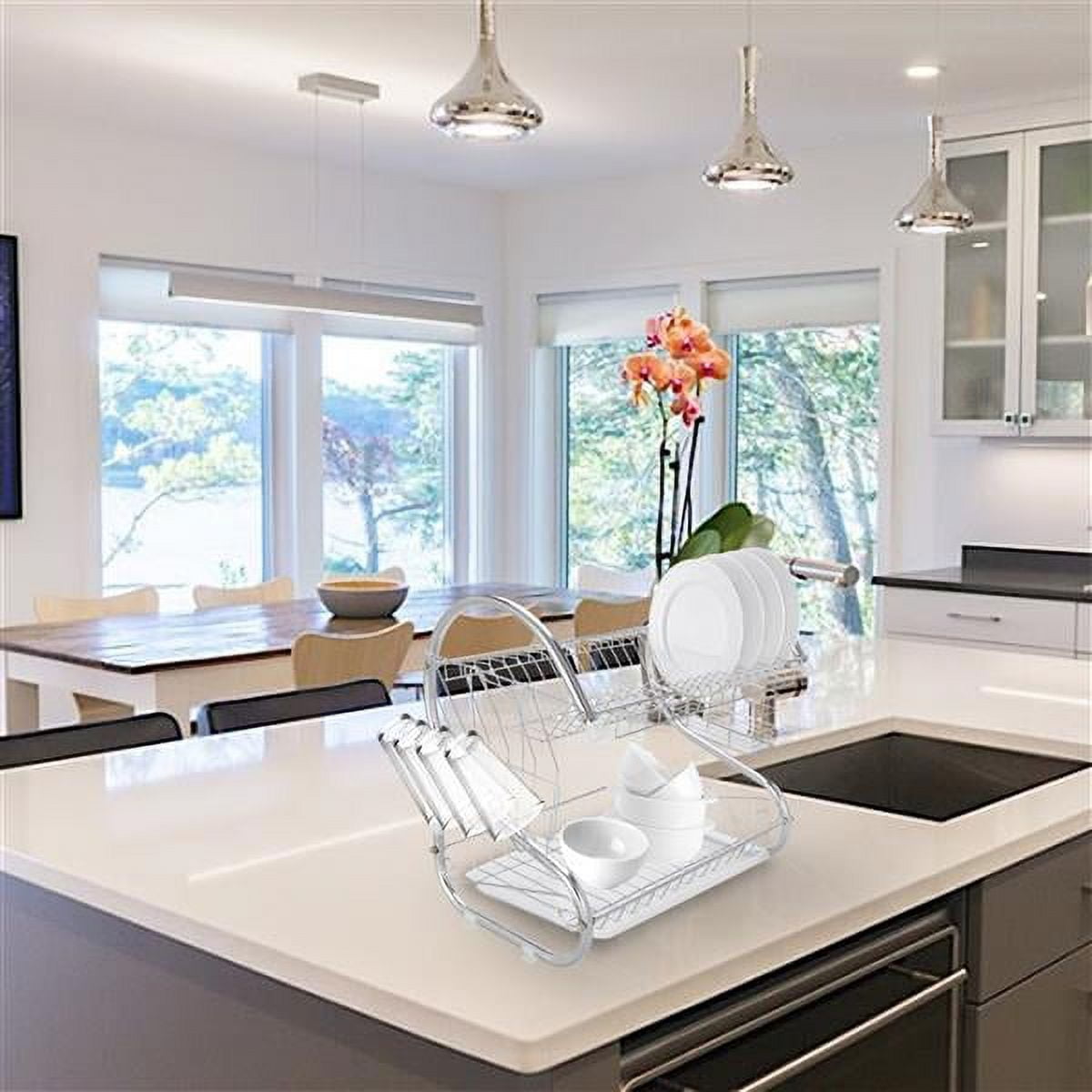 2-Tier Dish Drying Rack with Utensil Holder and Cup Holder with Dish Water Drain Board Tray Rustproof Chrome Plating