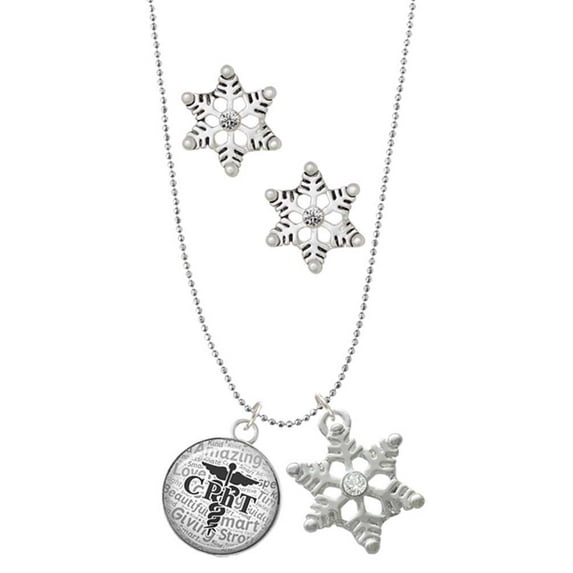 Delight Jewelry Silvertone Domed Black CPhT Silver tone Snowflake Charm Necklace and Stud Earrings