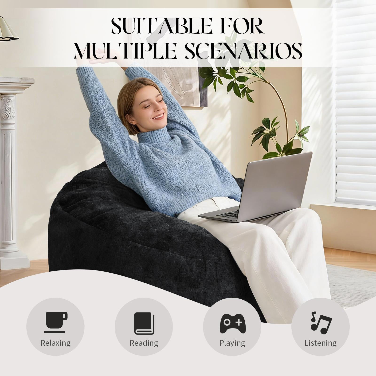 Hommoo Ultra-Comfort Ergonomic Bean Bag Chair Lounge Chair, with Adjustable High-Elasticity Inner Filling and Detachable Washable Cover, for Living Room, Bedroom & Balcony, Black
