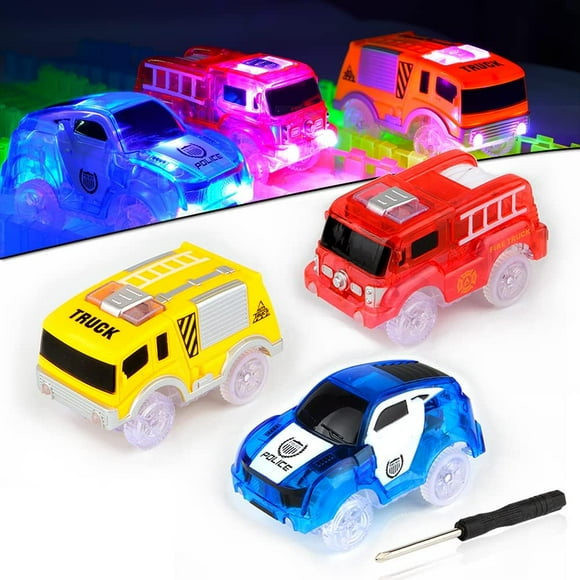 Cars , 3 Pack Light-up Race Flexible Cars with 5 LED Lights (Blue Police Car, Red Fire Engine Car, Yellow Truck), Slot Car Track T