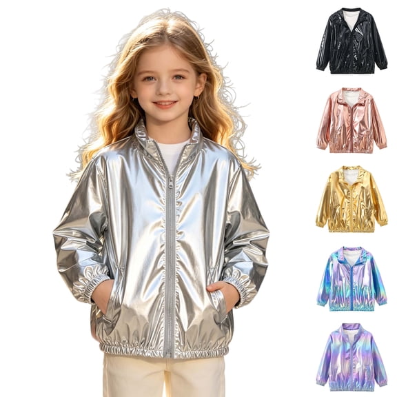Asxite Toddler Fashion Casual Loose Solid Shiny Stand Collar Zip Up Jacket Long Sleeve Warm Fall