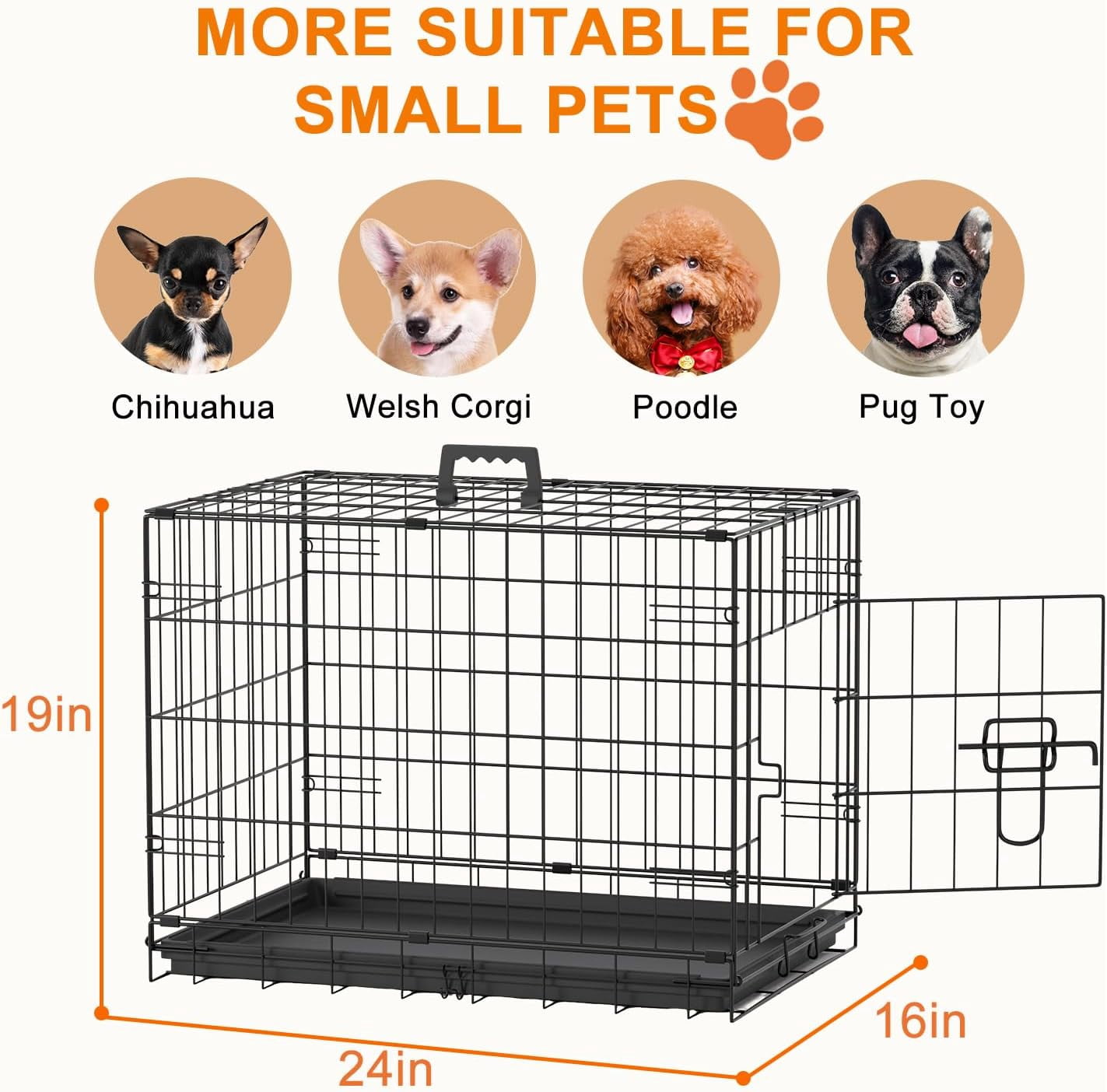 FDW 24 Inch Dog Crate Pet Cage with Metal Folding Design Plastic Tray Indoor Outdoor Dog Kennel Cage for Small Dogs,Black